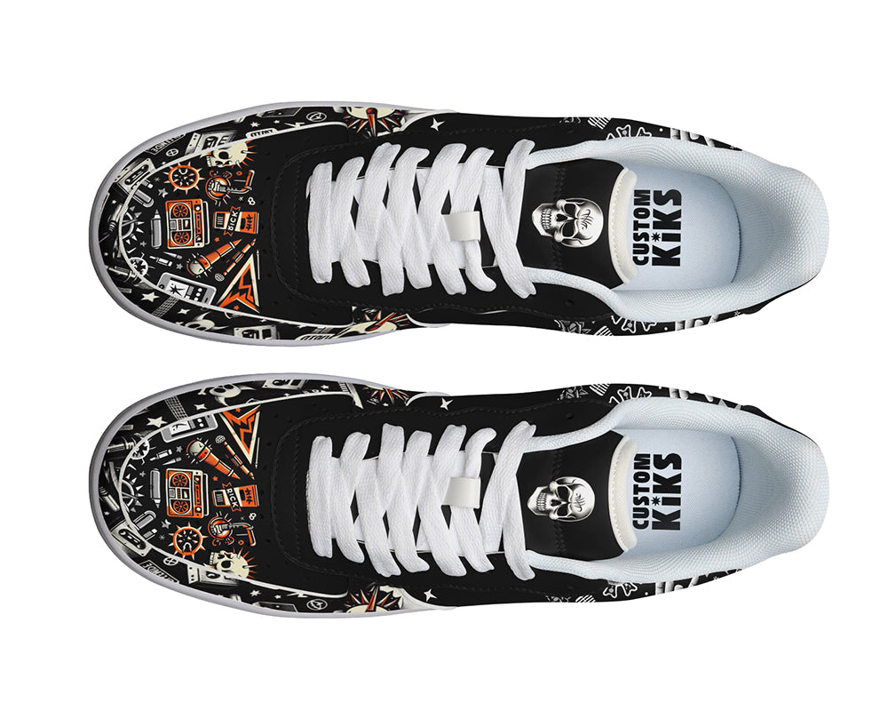 Black and white sneaker with music, skull and flames titled Punk Rock Court Sneakers 
