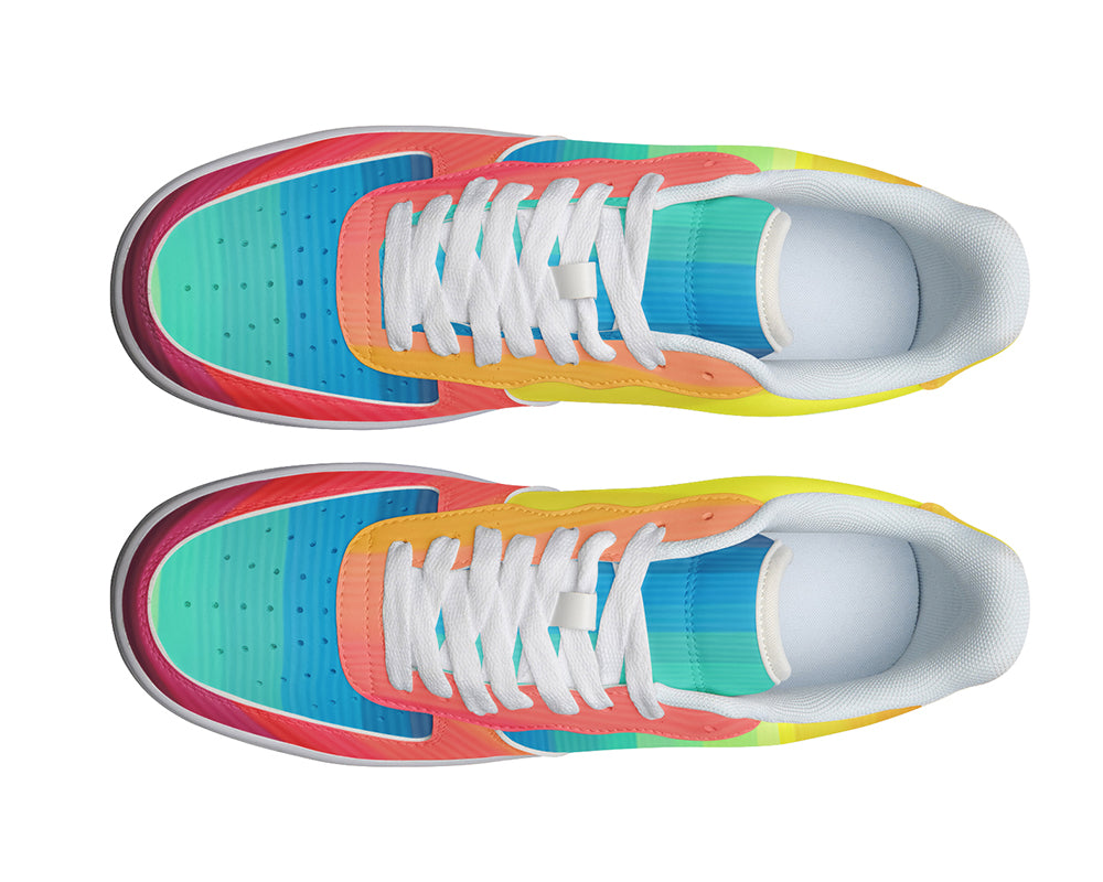 Custom Kiks Rainbow Sneakers – Colorful & Bright Statement Shoes_low-top sneaker with a rainbow-colored gradient design on the upper and a white midsole and outsole.