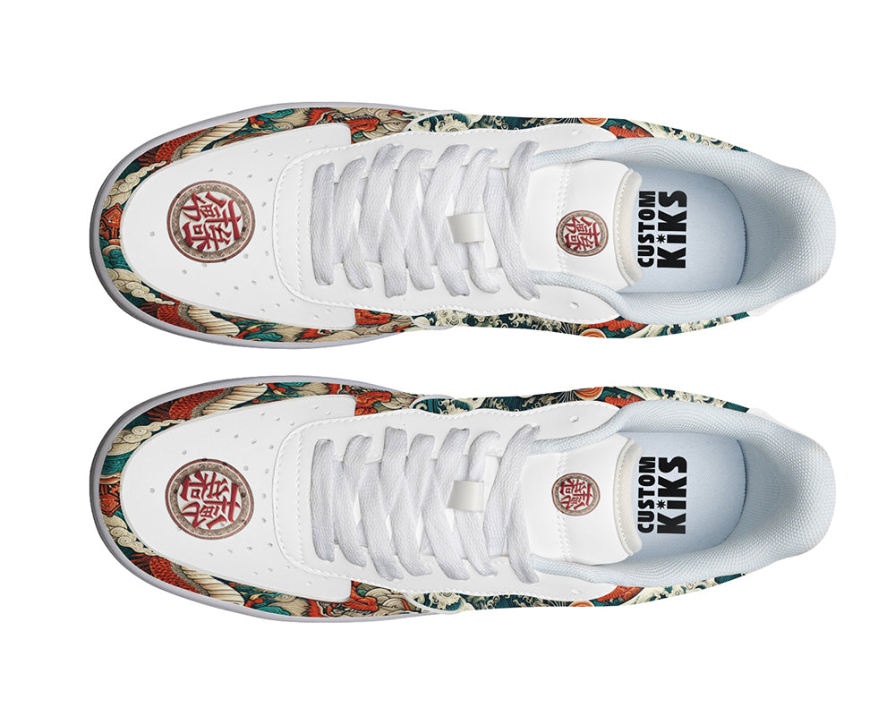 Court sneakers featuring a detailed rat illustration surrounded by ocean waves, clouds, and traditional Asian-inspired artwork in blue, teal, and orange tones.