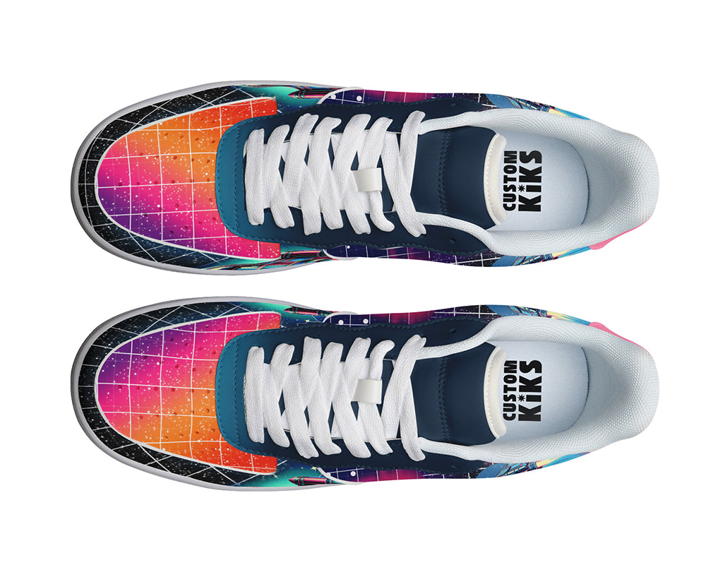 Retro sci-fi sneakers with synthwave space cruiser and wireframe grid graphics on a white court sole.