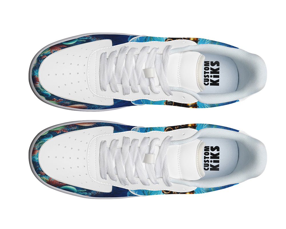 Court sneakers featuring a vintage scuba diver illustration exploring a colorful underwater coral reef and deep sea environment.
