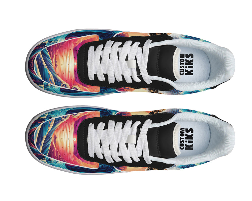 Court sneakers featuring a surfer riding ocean waves at sunset with colorful surf art and tropical coastal imagery.