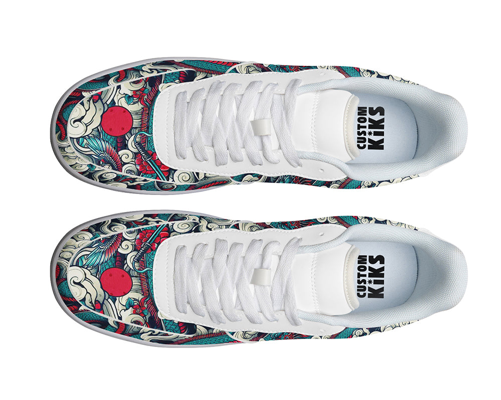 Dragon Court Sneakers featuring a detailed dragon illustration with swirling clouds and Asian-inspired art patterns.