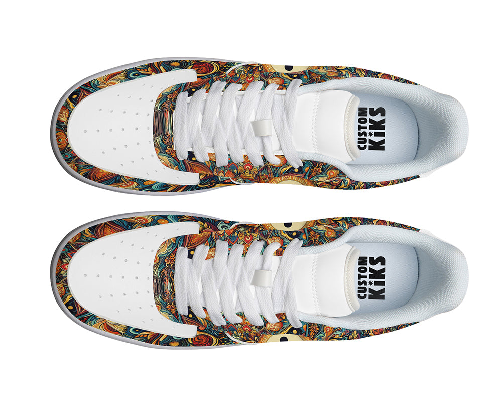 Court sneakers featuring a meditation silhouette surrounded by colorful mandala-inspired artwork and yoga-inspired design elements.