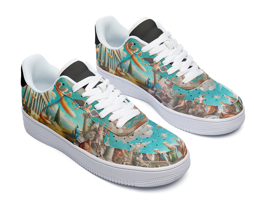 Ancient Greece court sneakers featuring classical civilization artwork with Greek architecture, statues, and mythology-inspired scenes.