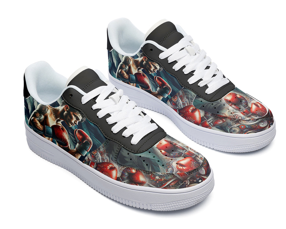 Court sneakers featuring a boxer illustration with red boxing gloves and boxing-inspired artwork.