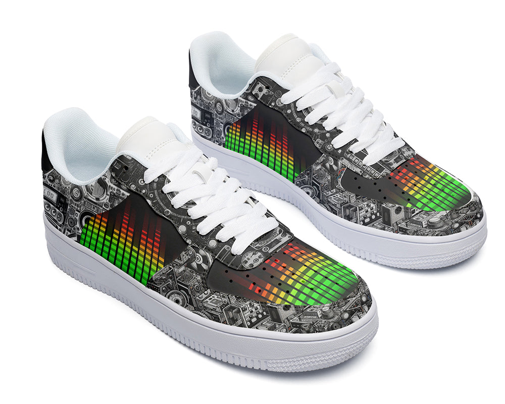 Court sneakers featuring an audio equalizer pattern with vintage music equipment, speakers, and sound system artwork in black, white, red, yellow, and green tones.