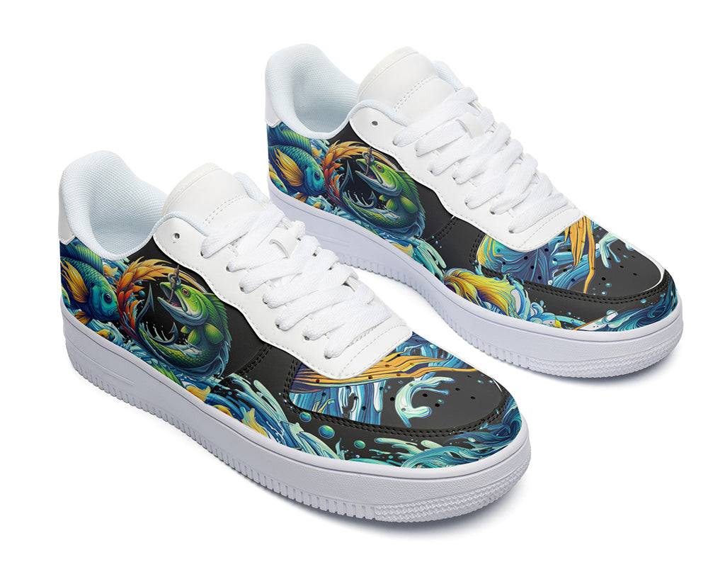 Court sneakers featuring colorful sport fishing artwork with detailed fish illustrations, fishing hook design, and ocean wave graphics.