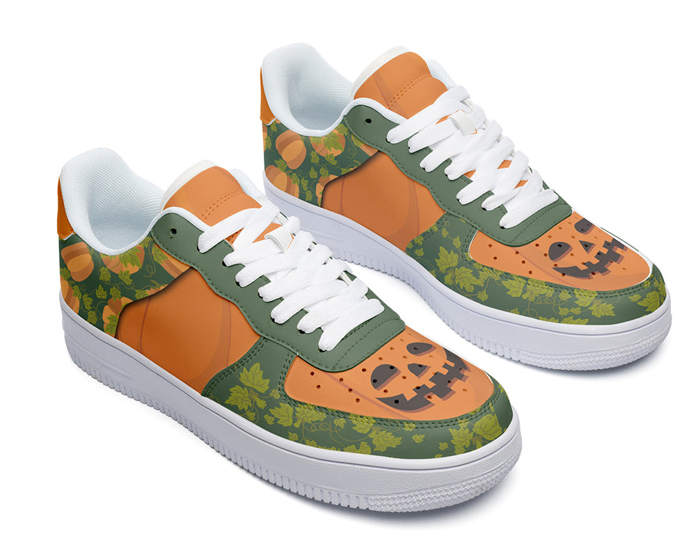 Jack-o-Lantern graphic court sneakers with green background and orange pumpkin patterns