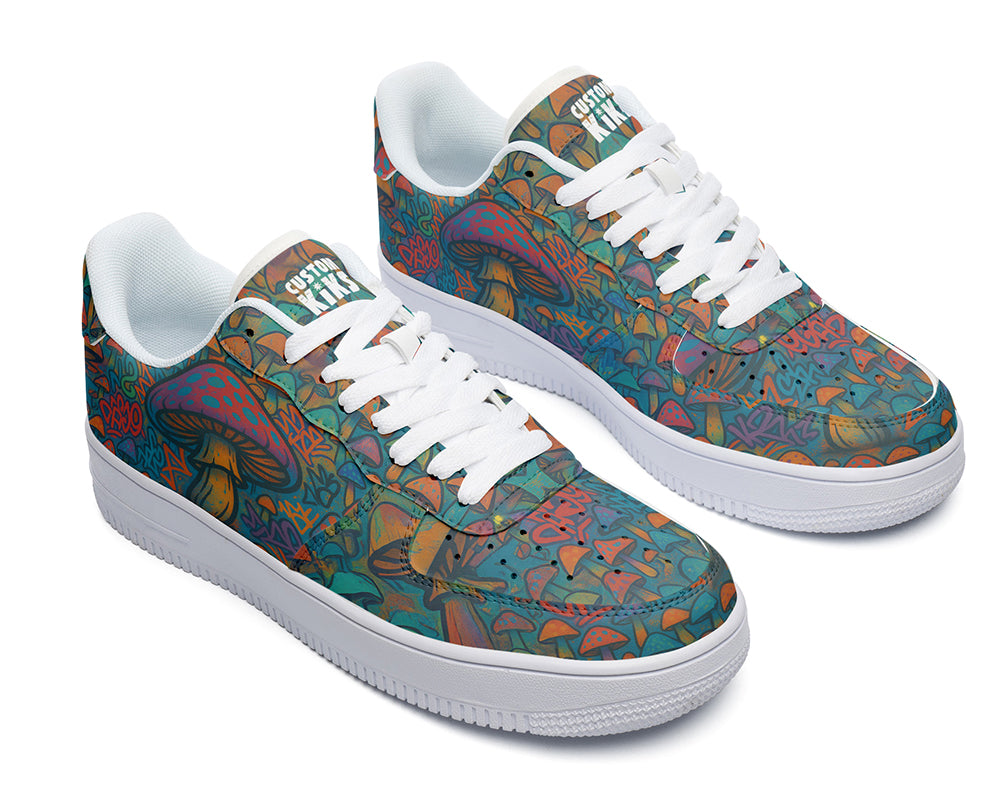 Custom Kiks Woodland Mushroom Sneakers, eye-poppling patterned sneaker on a white sole