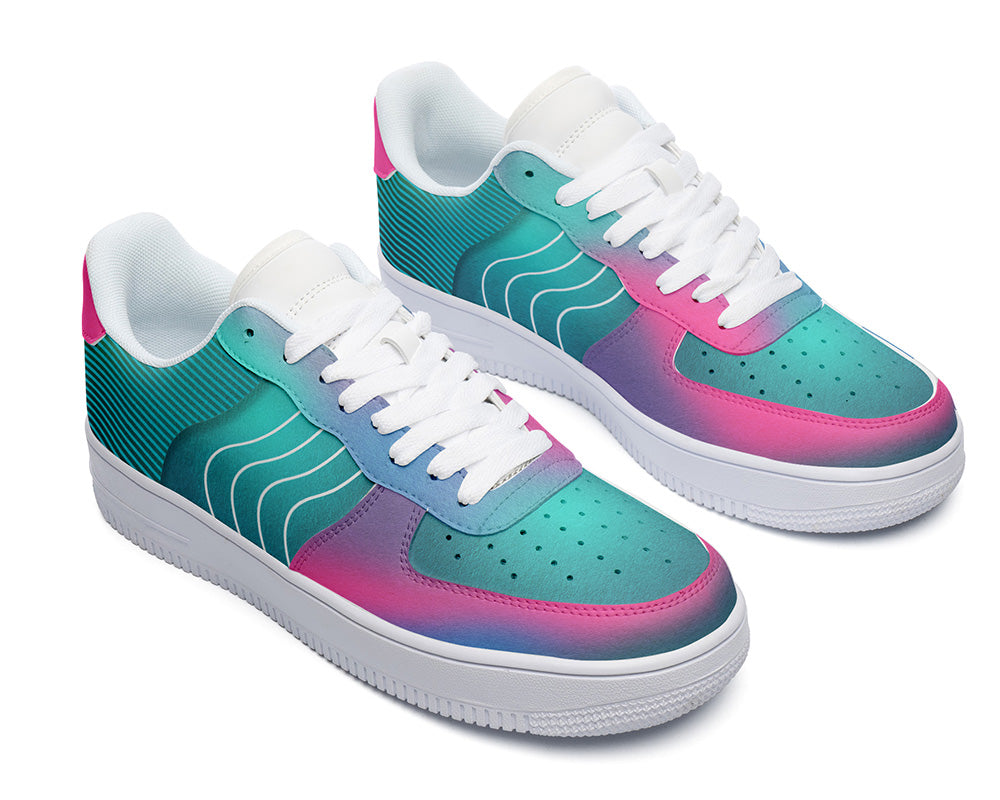 Teal Pink Gradient Sneakers: Abstract Wave Graphic Court Sneakers