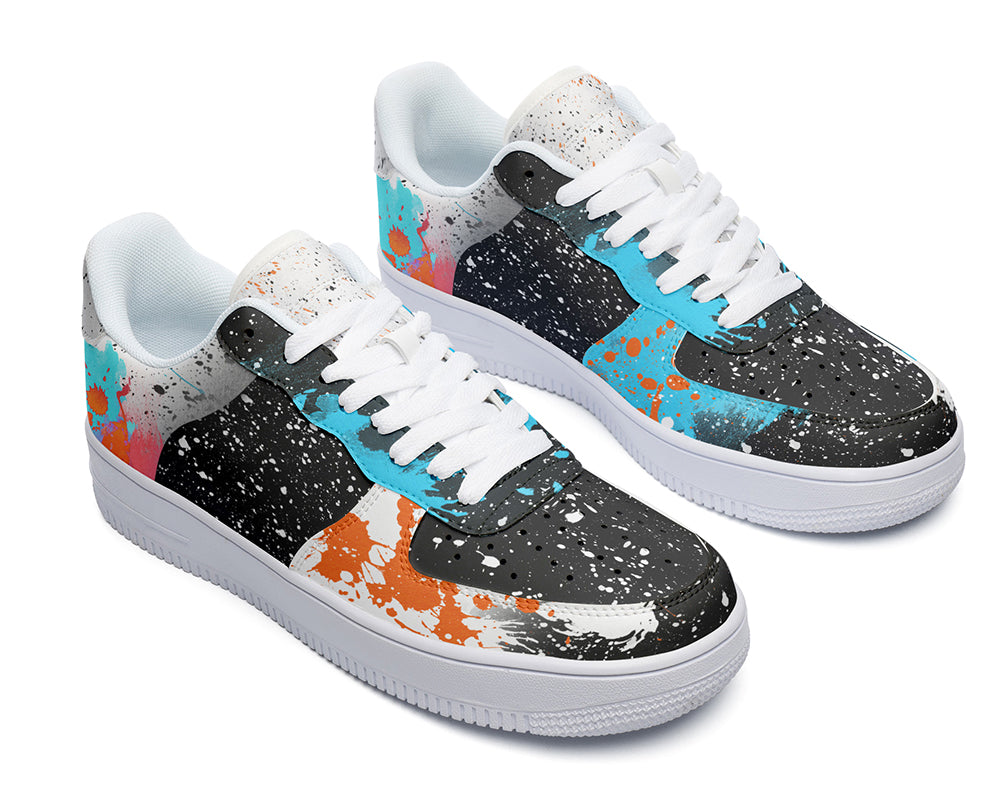 Court sneakers featuring an abstract paint splatter design with black, white, orange, and blue paint splash artwork.