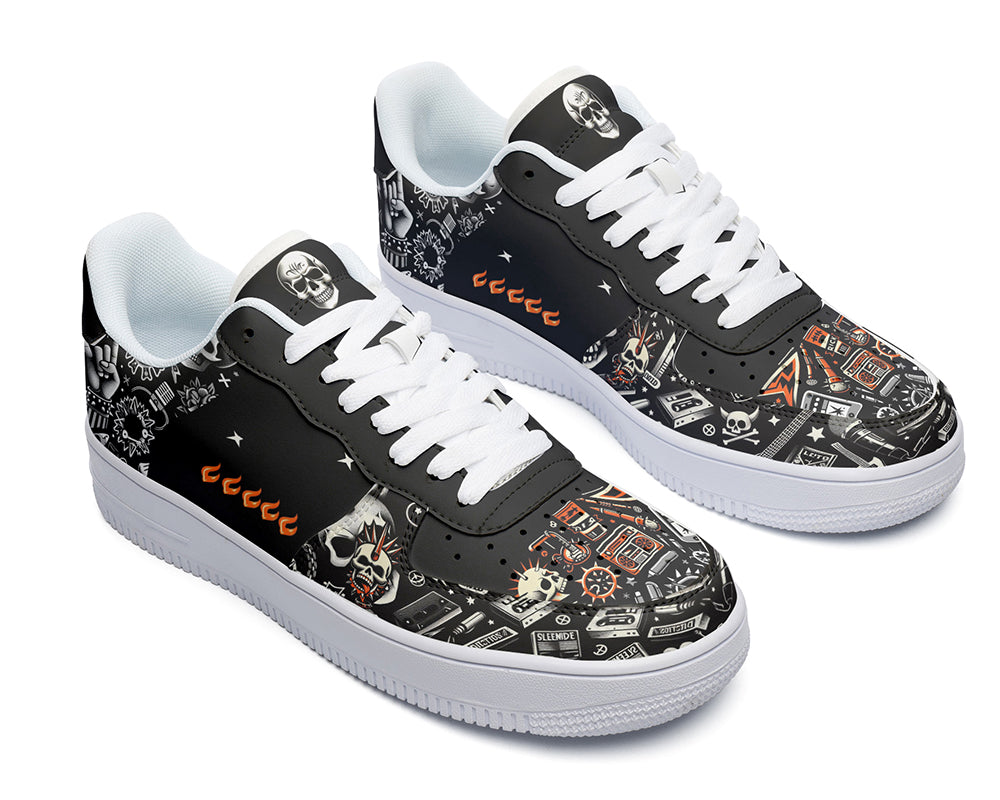 Black and white sneaker with music, skull and flames titled Punk Rock Court Sneakers 