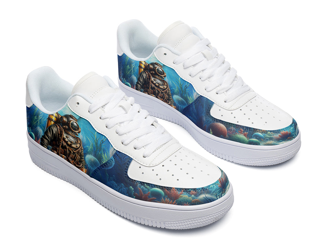 Court sneakers featuring a vintage scuba diver illustration exploring a colorful underwater coral reef and deep sea environment.