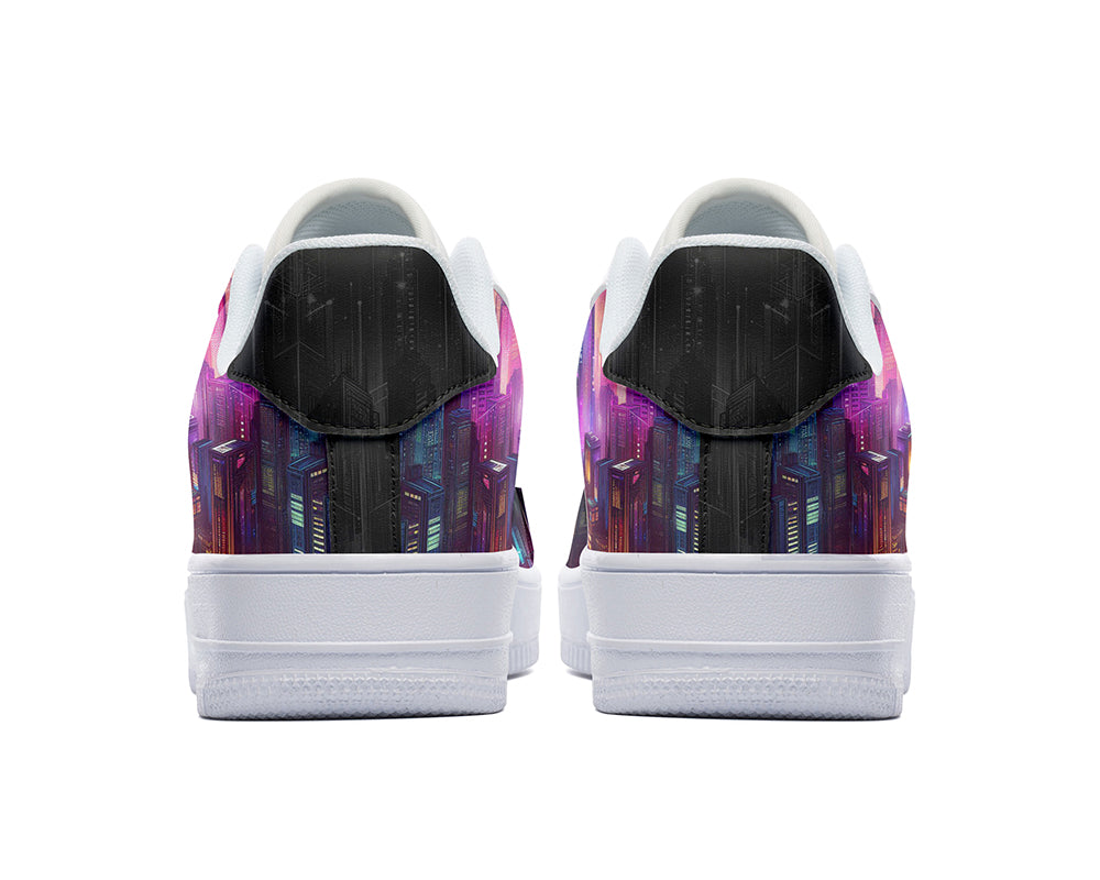 Neon City Court Sneakers featuring a futuristic skyline with colorful illuminated skyscrapers and sci-fi inspired cityscape artwork.