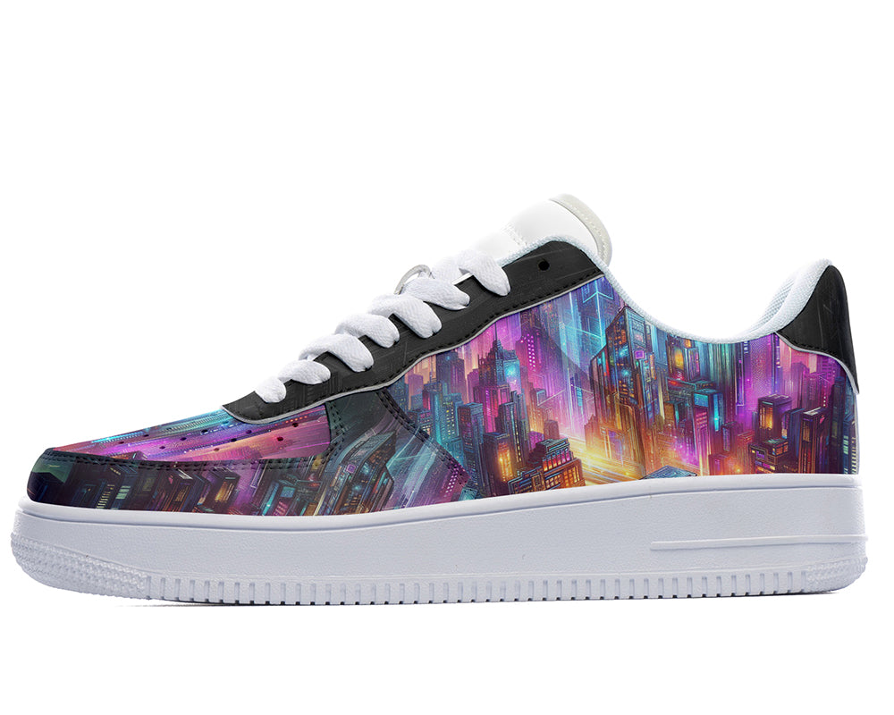 Neon City Court Sneakers featuring a futuristic skyline with colorful illuminated skyscrapers and sci-fi inspired cityscape artwork.