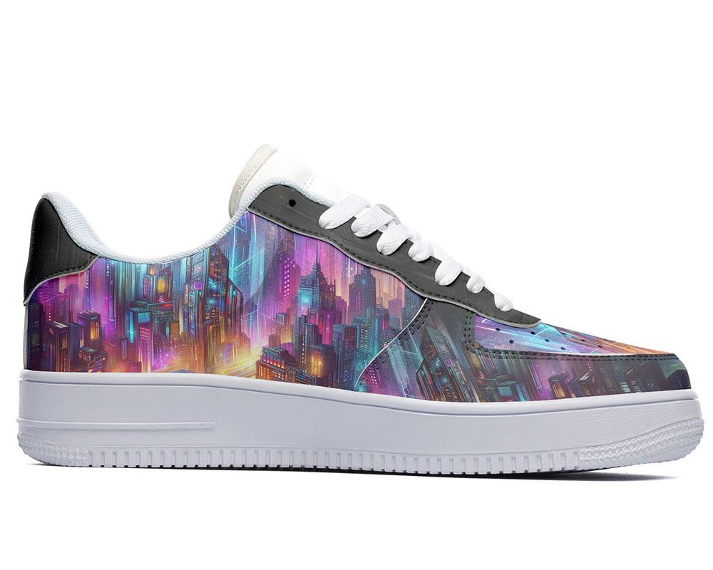 Neon City Court Sneakers featuring a futuristic skyline with colorful illuminated skyscrapers and sci-fi inspired cityscape artwork.