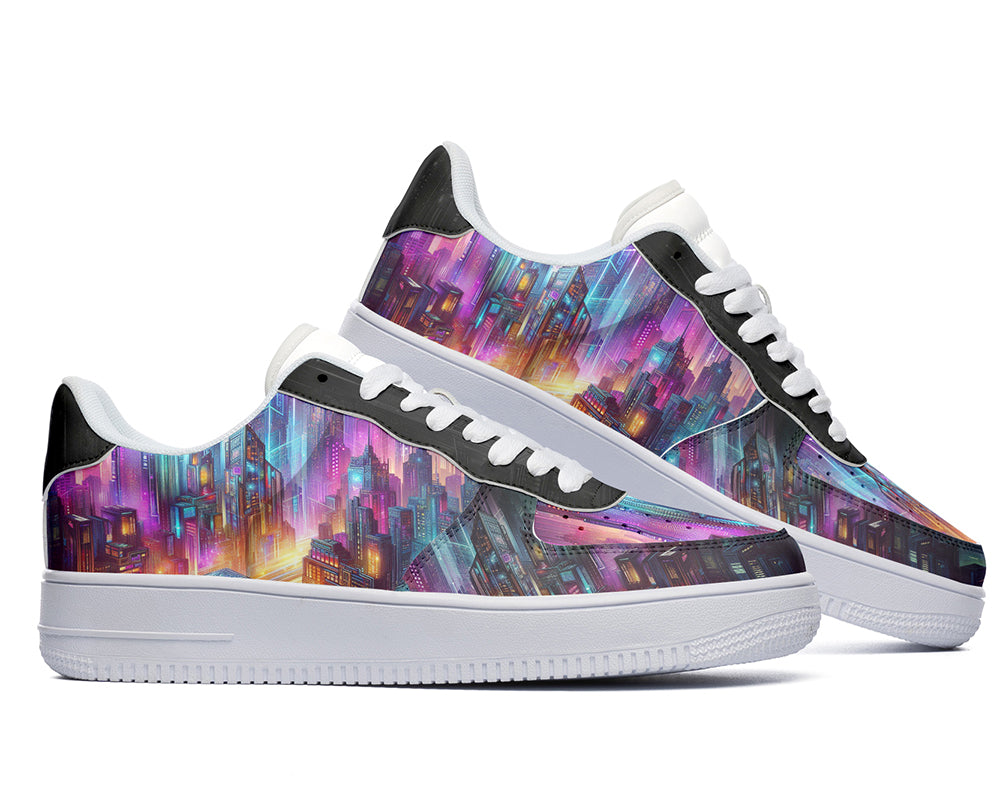 Neon City Court Sneakers featuring a futuristic skyline with colorful illuminated skyscrapers and sci-fi inspired cityscape artwork.