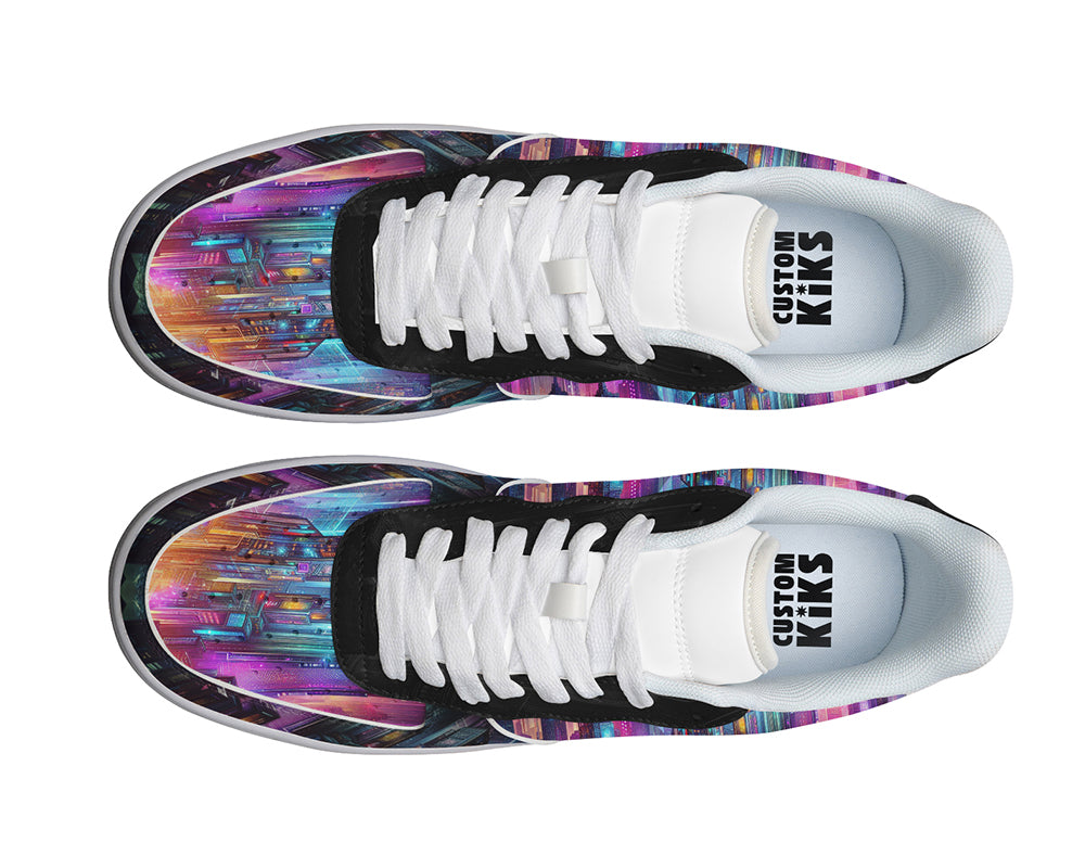 Neon City Court Sneakers featuring a futuristic skyline with colorful illuminated skyscrapers and sci-fi inspired cityscape artwork.