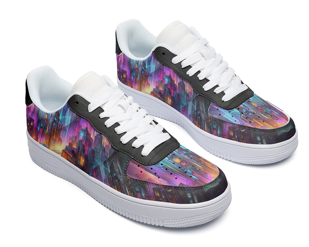 Neon City Court Sneakers featuring a futuristic skyline with colorful illuminated skyscrapers and sci-fi inspired cityscape artwork.