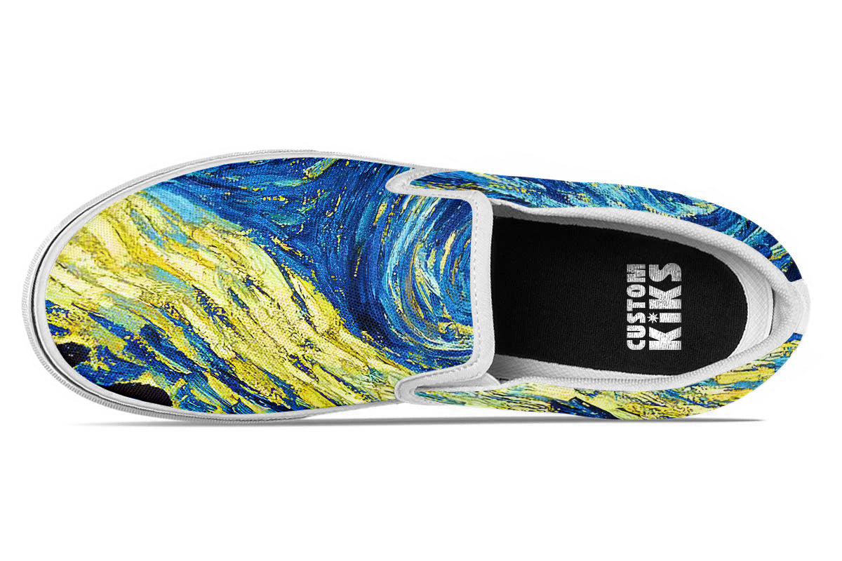 Starry Night Sneakers: Swirl Sky Illustration Slip On Sneakers