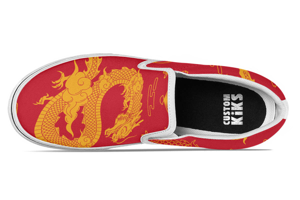 Dragon Sneakers: Red Dragon Pattern Slip On Sneakers