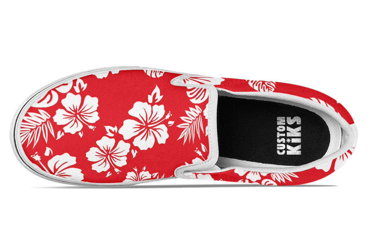 Hawaiian Sneakers: Red Floral Pattern Slip On Sneakers