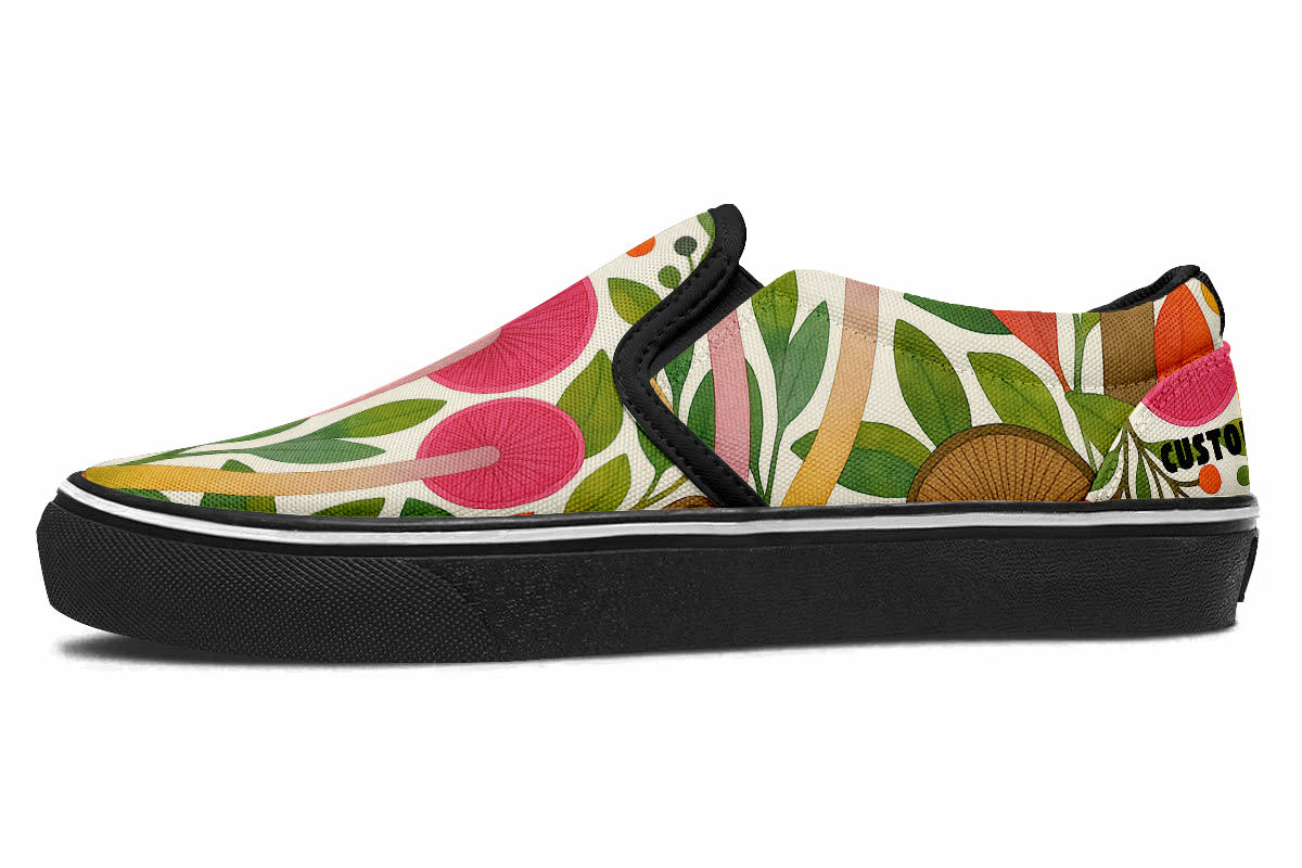 Custom Kiks Mycella Slip Ons, colorful slip-on shoe with floral and mushroom design