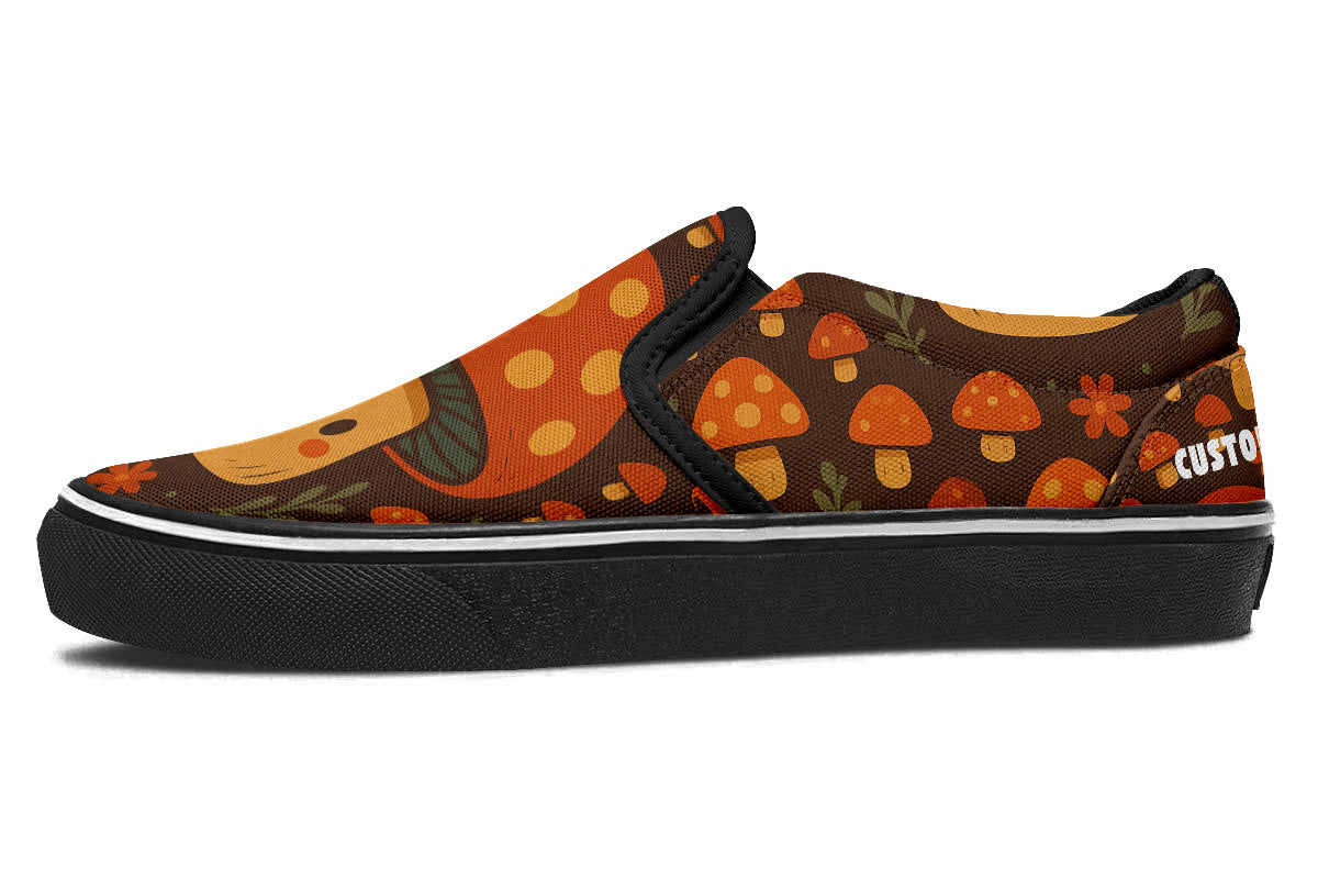 Custom Kiks Smiling Toadstool Slip Ons – dark orange and green sneakers with whimsical mushroom details