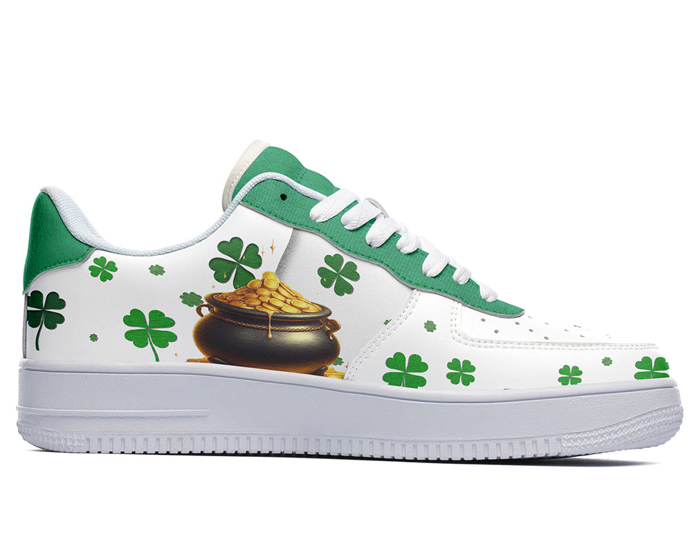 Saint Patrick Sneakers: Shamrock and Pot of Gold Illustration Court Sneakers