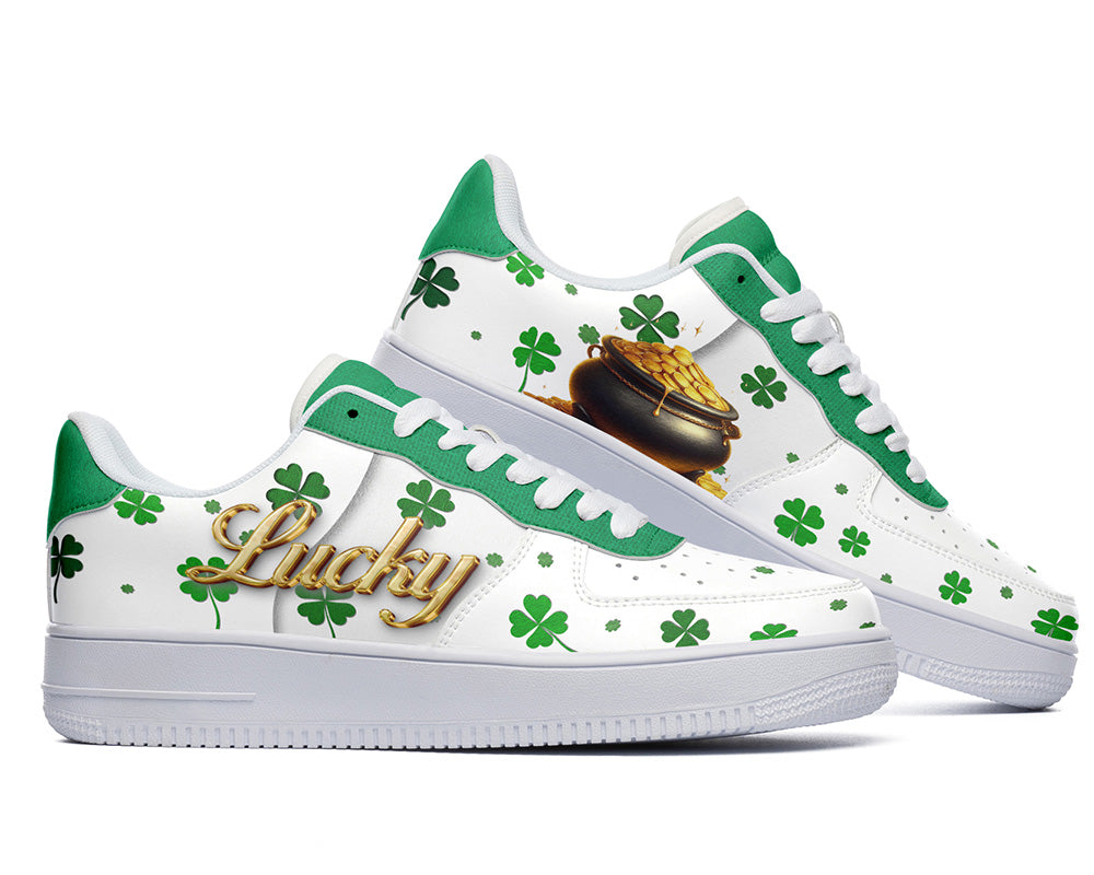 Saint Patrick Sneakers: Shamrock and Pot of Gold Illustration Court Sneakers