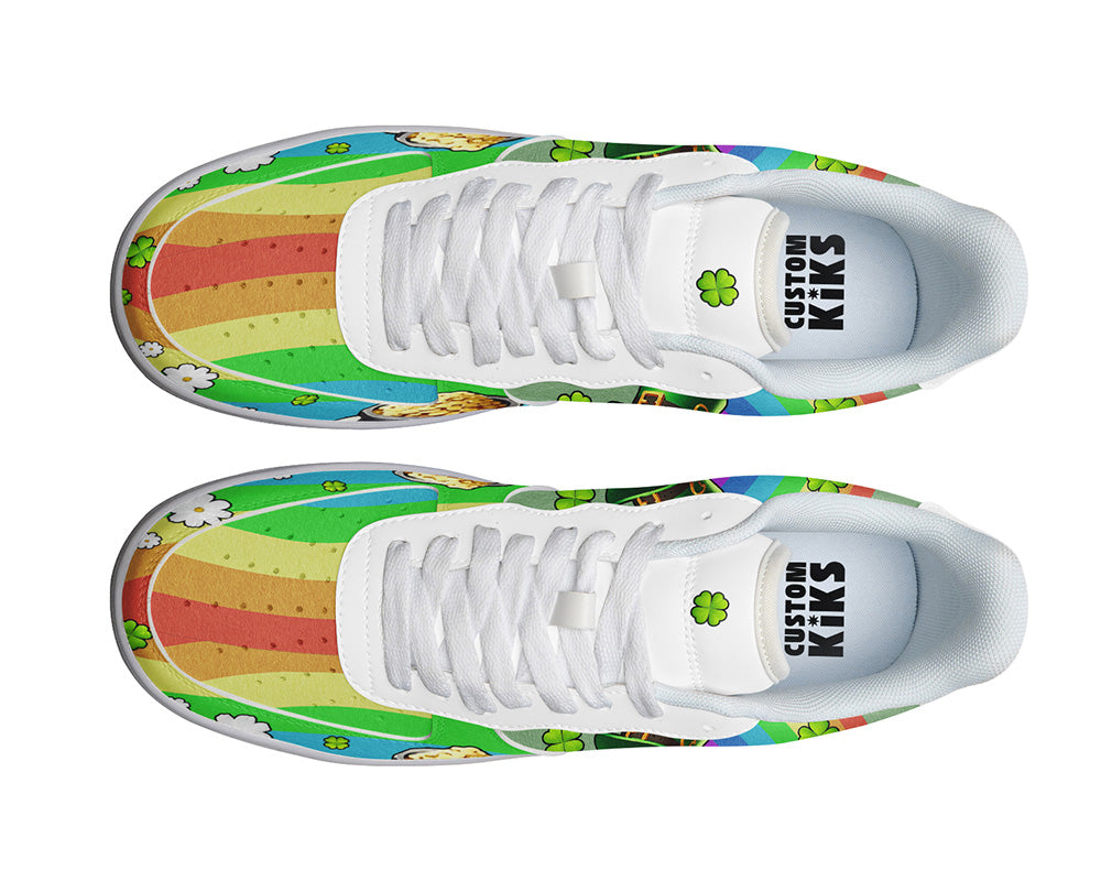 Saint Patrick Sneakers: Leprechaun and Rainbow Illustration Court Sneakers