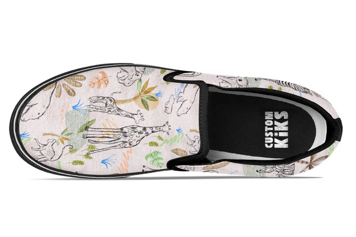 Safari Sneakers: Animal Doodle Slip On Sneakers