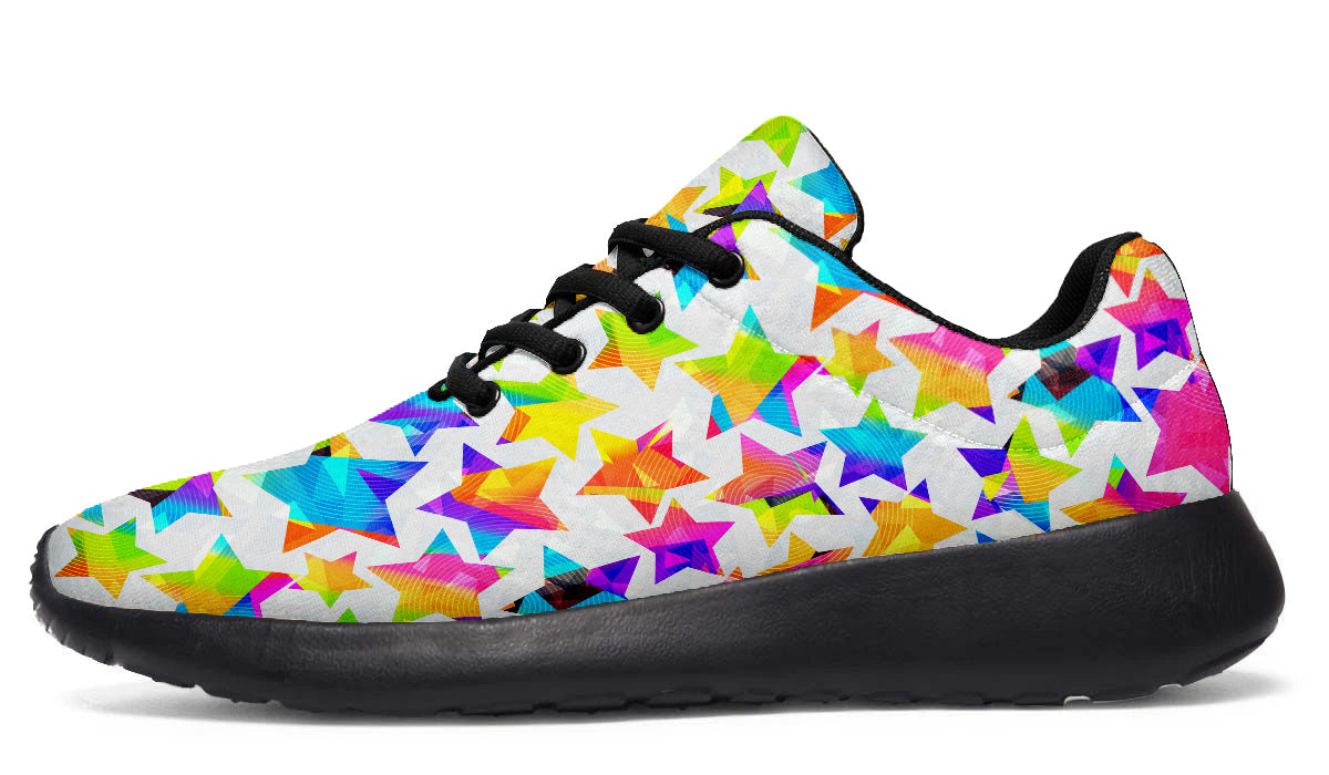 Sport shoes featuring colorful multicolor star patterns on a white background with bright geometric artwork.