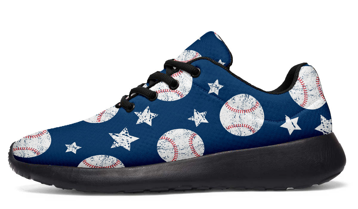 Sport shoes featuring white baseballs and stars on a blue background with vintage baseball-inspired artwork.