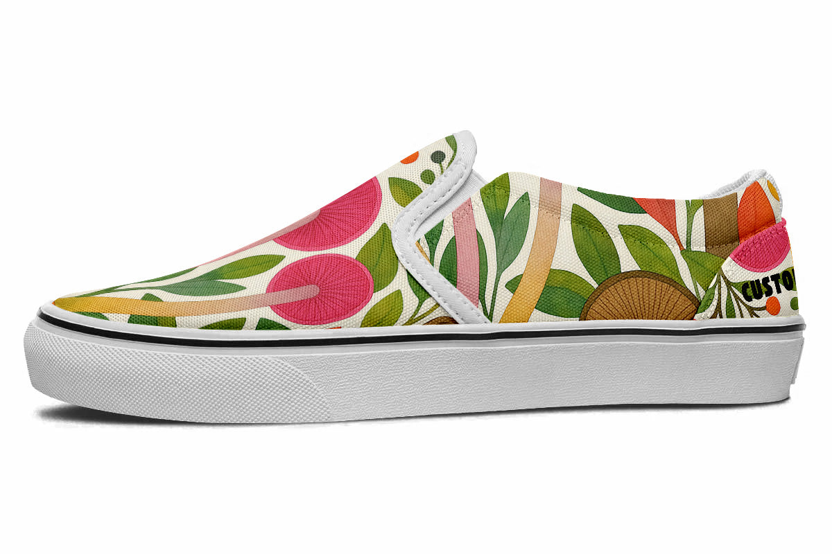 Custom Kiks Mycella Slip Ons, colorful slip-on shoe with floral and mushroom design