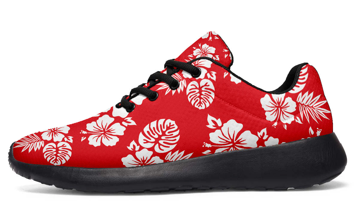Hawaiian Sneakers: Red Floral Pattern Sport Shoes