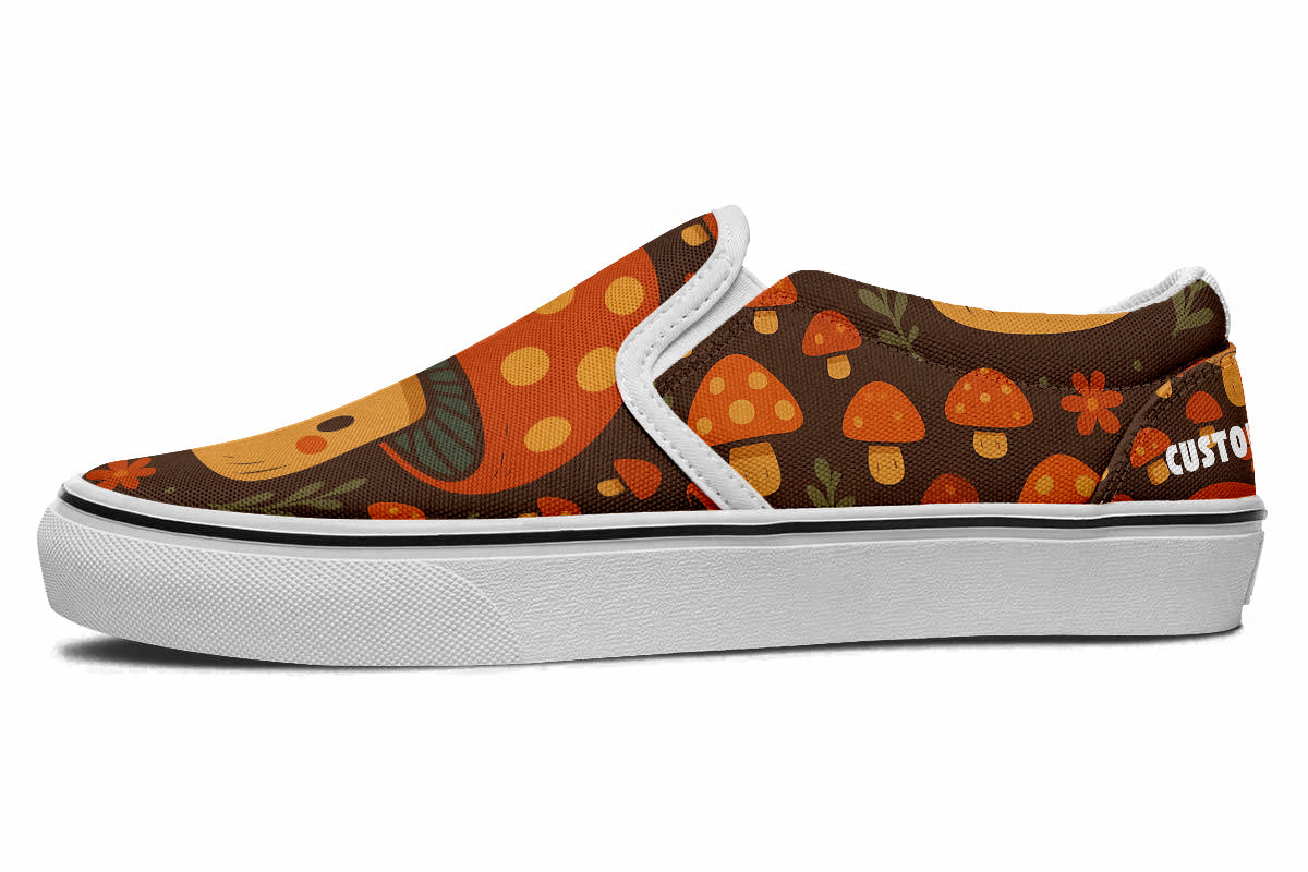 Custom Kiks Smiling Toadstool Slip Ons – dark orange and green sneakers with whimsical mushroom details