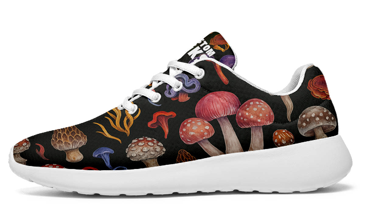 Custom Kiks Morel Hunting Sport Shoes – deep purple and red sneakers with mushroom forest design
