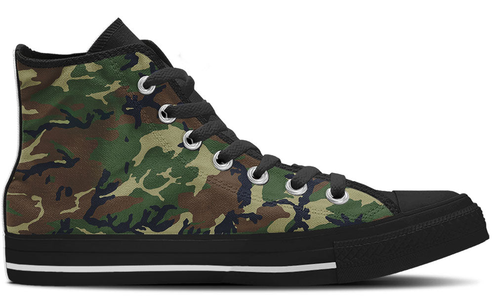 Camouflage high-top sneaker with black accents on a white background