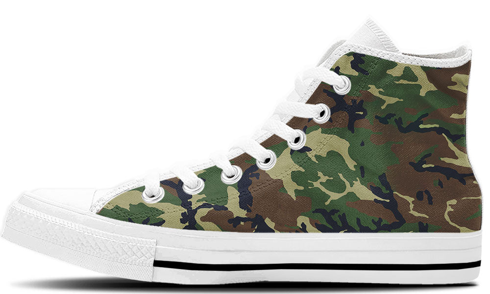 Camouflage-patterned high-top sneaker with white laces on a white background