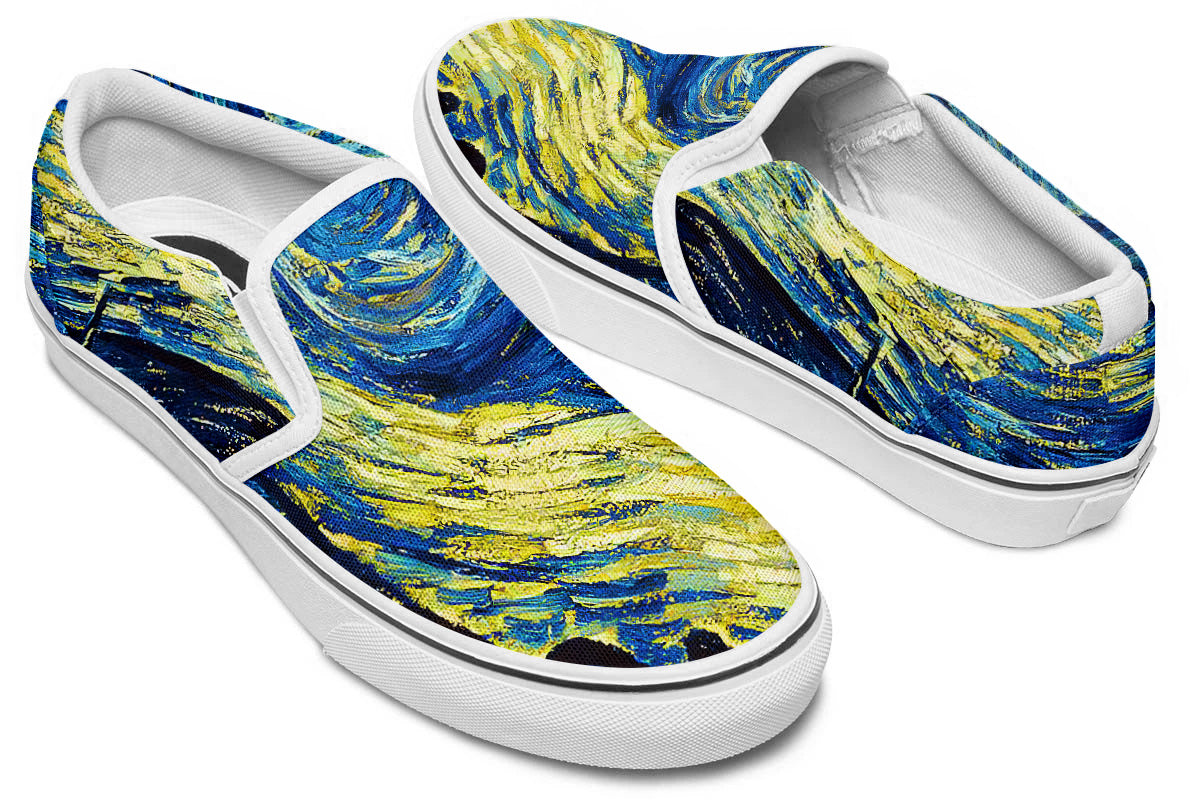 Starry Night Sneakers: Swirl Sky Illustration Slip On Sneakers