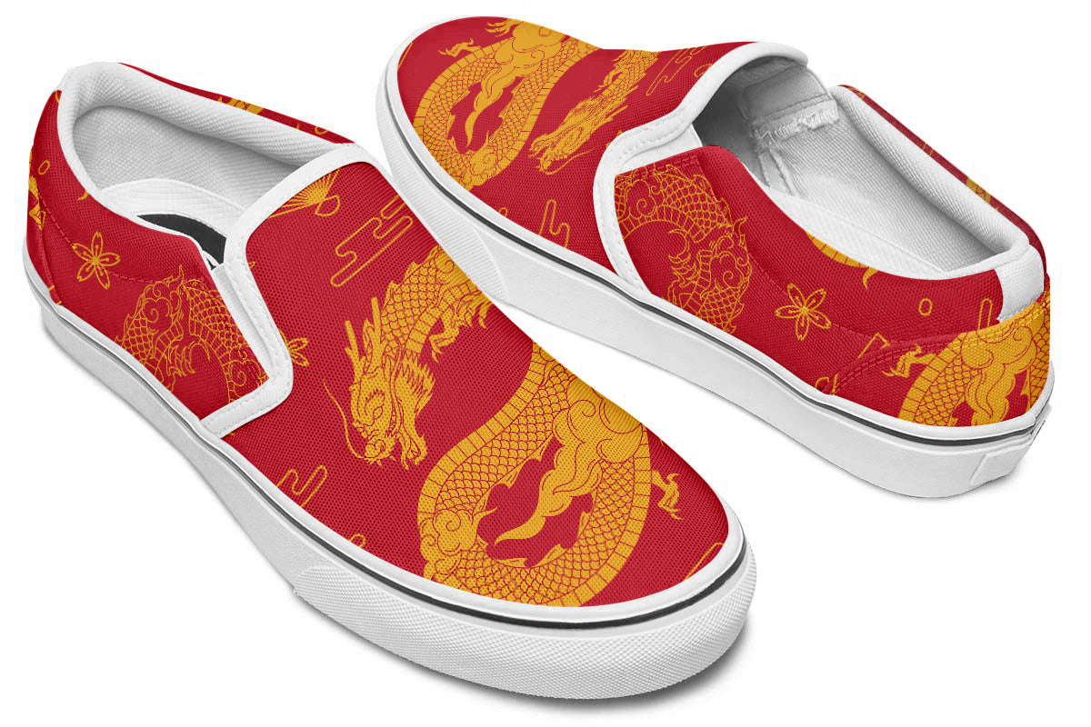 Dragon Sneakers: Red Dragon Pattern Slip On Sneakers