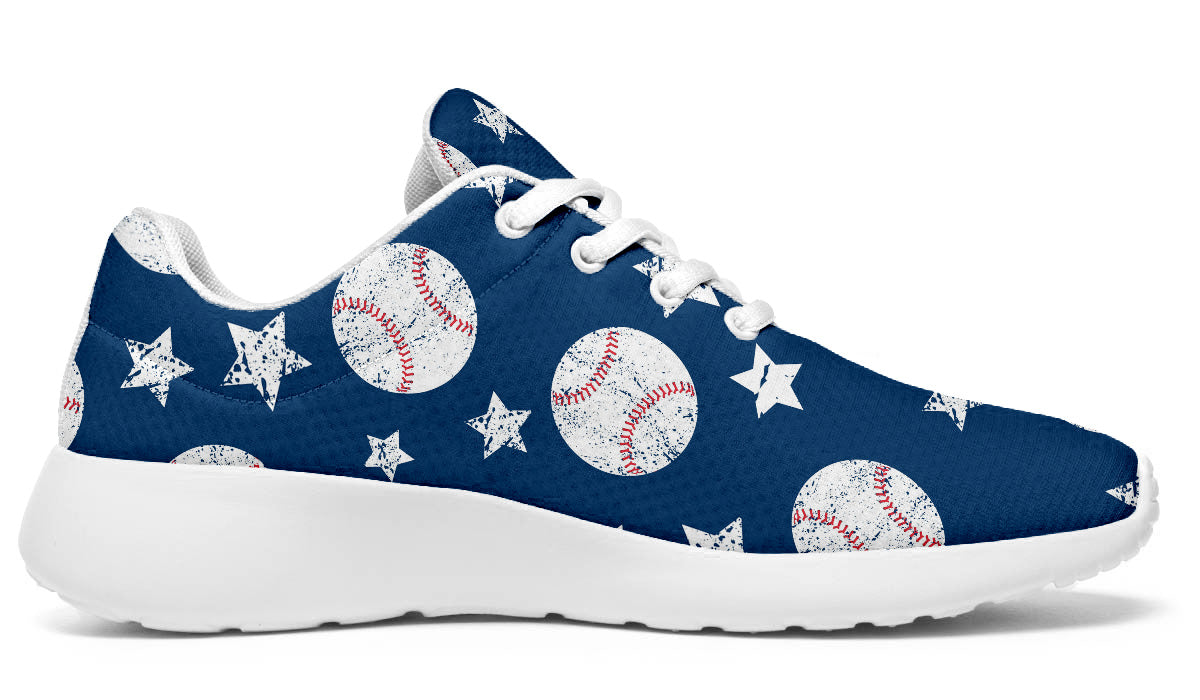 Sport shoes featuring white baseballs and stars on a blue background with vintage baseball-inspired artwork.
