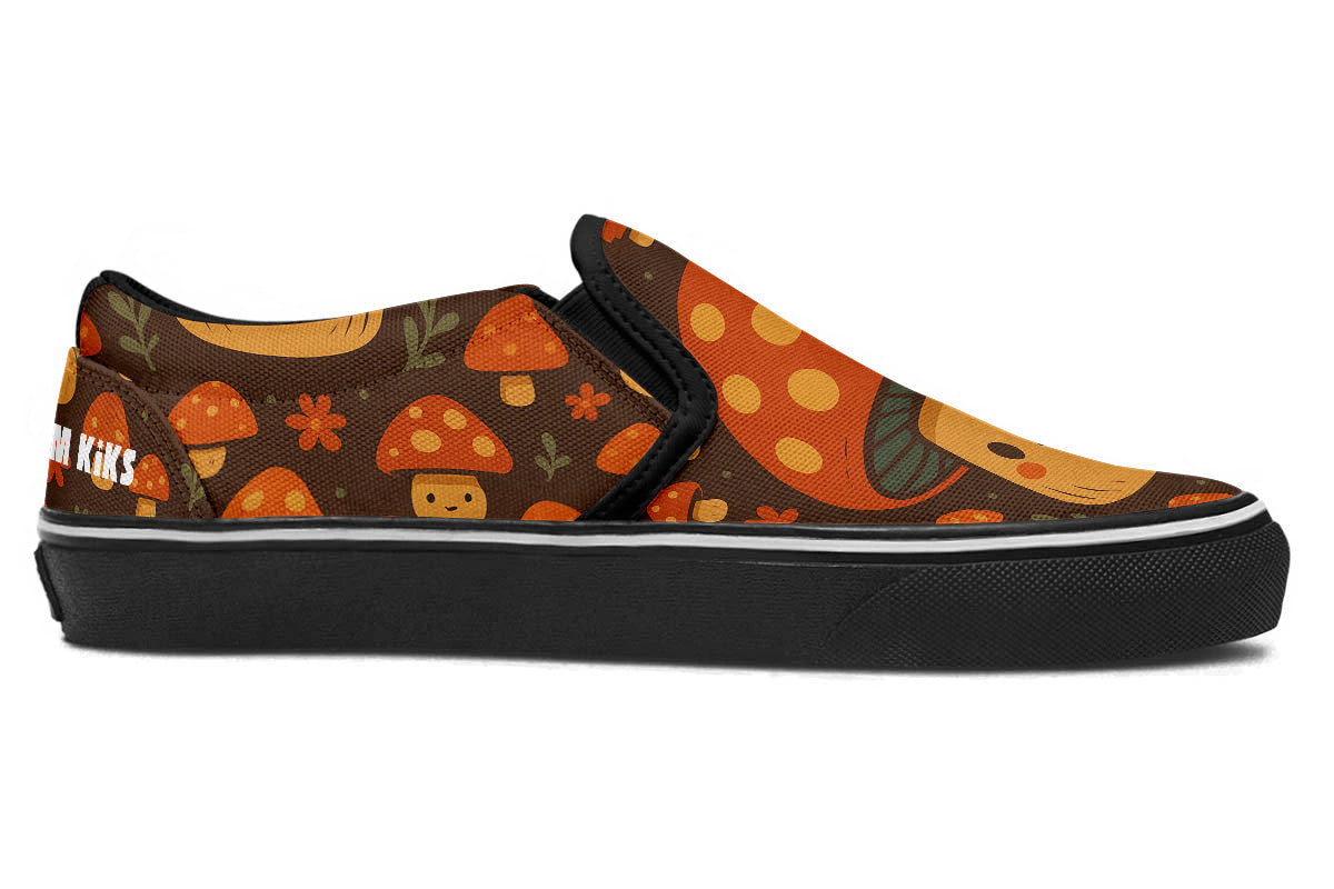 Custom Kiks Smiling Toadstool Slip Ons – dark orange and green sneakers with whimsical mushroom details