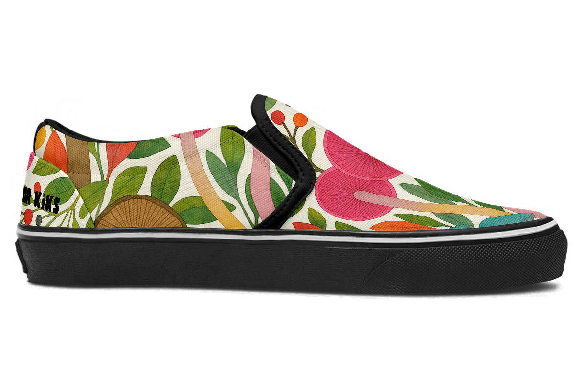 Custom Kiks Mycella Slip Ons, colorful slip-on shoe with floral and mushroom design