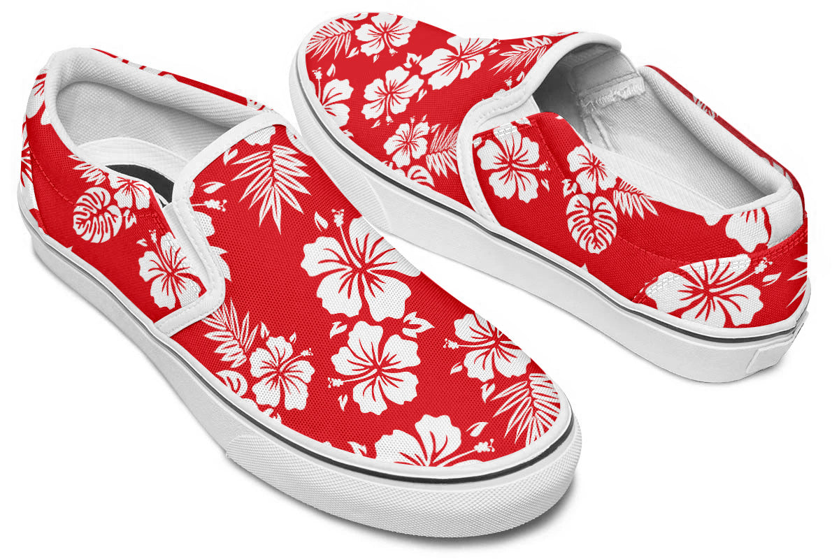 Hawaiian Sneakers: Red Floral Pattern Slip On Sneakers