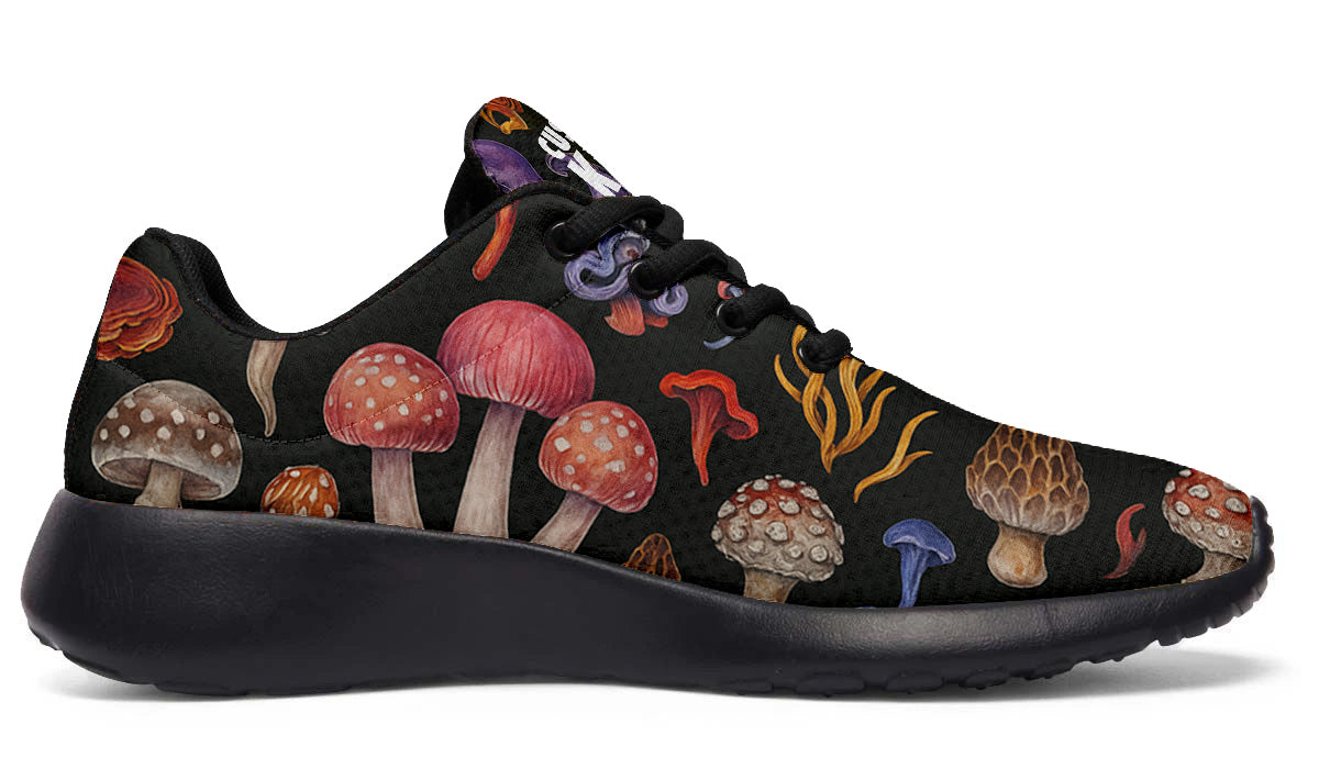 Custom Kiks Morel Hunting Sport Shoes – deep purple and red sneakers with mushroom forest design