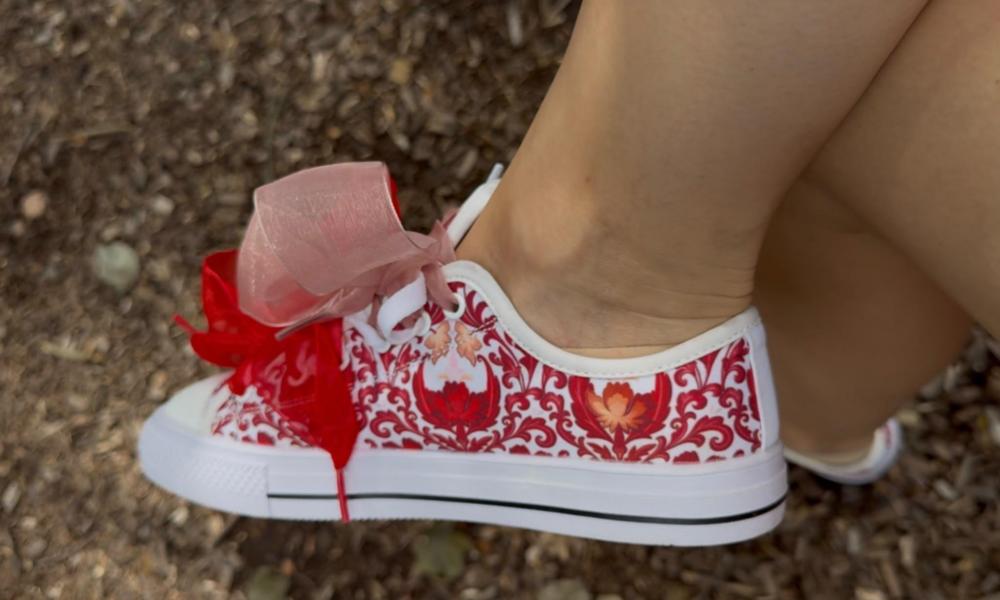 Cherry Lace Sneakers: Red Cherry Lace Pattern Low Top Sneakers