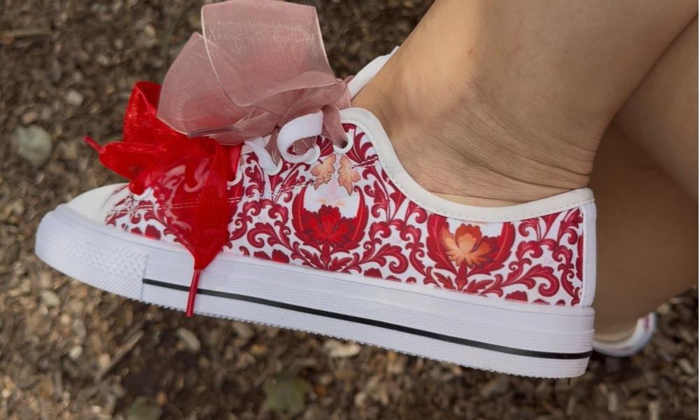 Cherry Lace Sneakers: Red Cherry Lace Pattern Low Top Sneakers